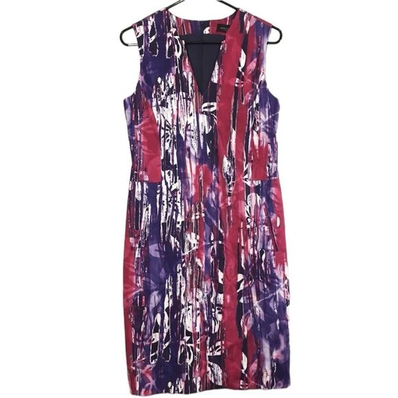 PIAZZA SEMPIONE ABSTRACT ARTSY WATERCOLOR V-NECK ART TO WEAR SHEATH DRESS 8 - Picture 1 of 13